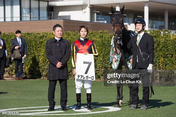 Jockey Hironobu Tanabe with Dea Regalo celebrate after winning the Race 5 2yo Newcomer during the 61st Arima Kinen -The Grand Prix Race Day at...