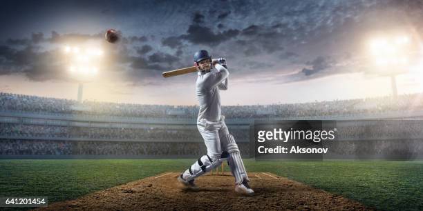 cricket: schlagmann auf dem stadion in aktion - cricketer stock-fotos und bilder