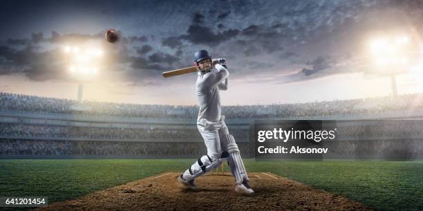 cricket: batsman op het stadion in actie - cricketspeler stockfoto's en -beelden