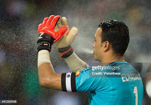 Of Egypt spits out the water from his bottle during the CAN 2017 FINAL between Egypt and Cameroon at Stade de L'Amitie on February 05, 2017 in...