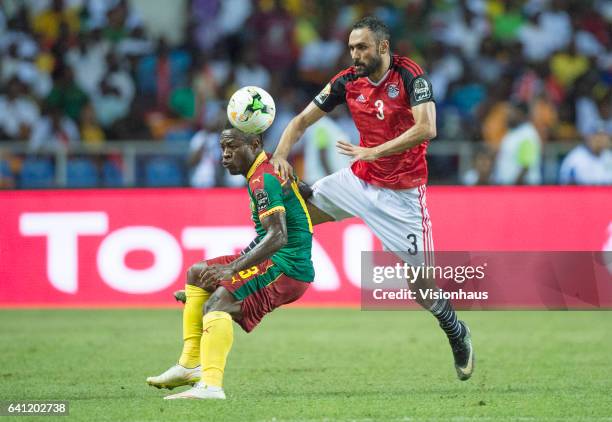 Of Egypt and CHRISTIAN MOUGANG BASSOGOG of Cameroon during the CAN 2017 FINAL between Cameroon and Egypt at Stade de L'Amitie on February 05, 2017 in...