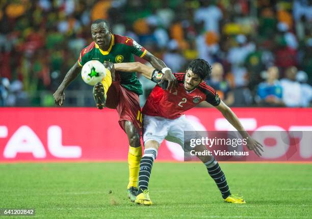 Of Cameroon and ALY GABR GABR MOSAAD of Egypt during the CAN 2017 FINAL between Cameroon and Egypt at Stade de L'Amitie on February 05, 2017 in...