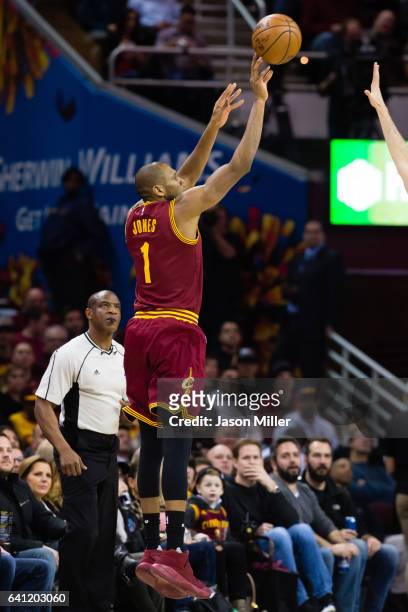 James Jones of the Cleveland Cavaliers shoots during the first half against the Minnesota Timberwolves at Quicken Loans Arena on February 1, 2017 in...