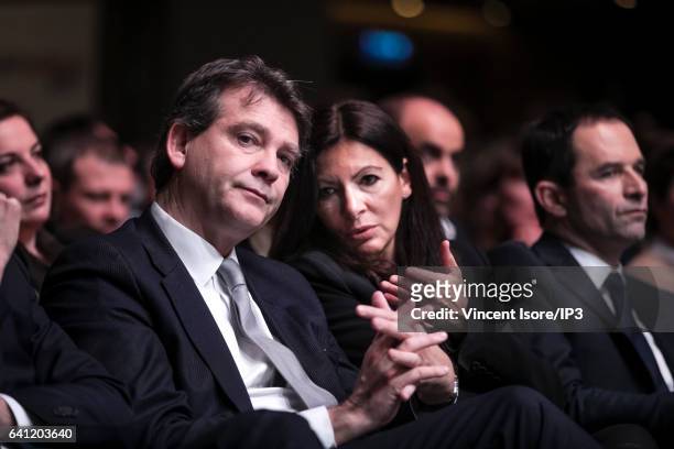 Arnaud Montebourg , the former opponent of Candidate of the Socialist Party for the 2017 French Presidential Election Benoit Hamon attends the...