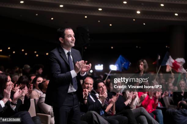 Candidate of the Socialist Party for the 2017 French Presidential Election Benoit Hamon delivers a speech during his National Investiture Convention...