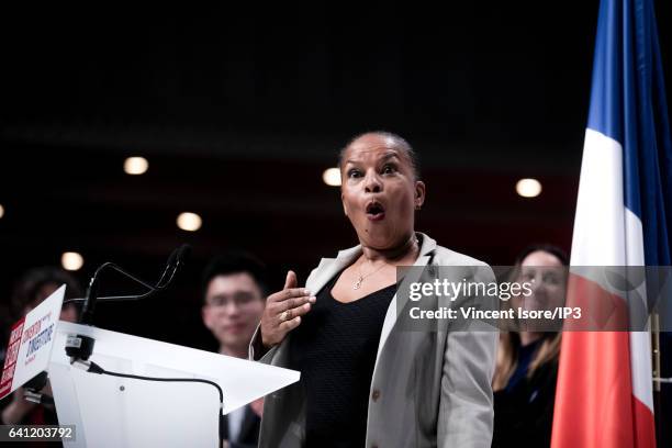 Former Minister of Justice Christiane Taubira delivers a speech during the National Investiture Convention of the candidate of the Socialist Party...