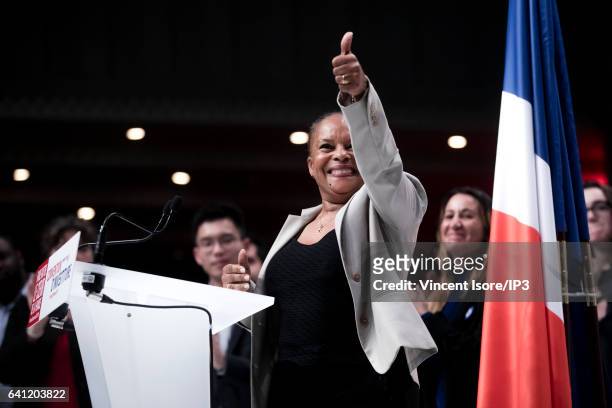 Former Minister of Justice Christiane Taubira delivers a speech during the National Investiture Convention of the candidate of the Socialist Party...