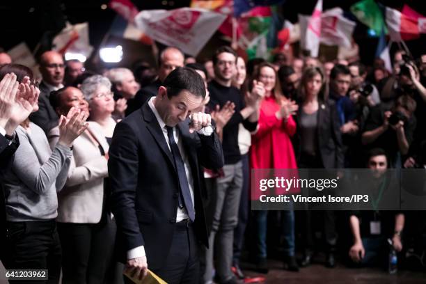 Candidate of the Socialist Party for the 2017 French Presidential Election Benoit Hamon delivers a speech during his National Investiture Convention...