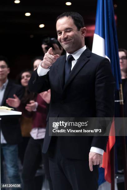 Candidate of the Socialist Party for the 2017 French Presidential Election Benoit Hamon delivers a speech during his National Investiture Convention...