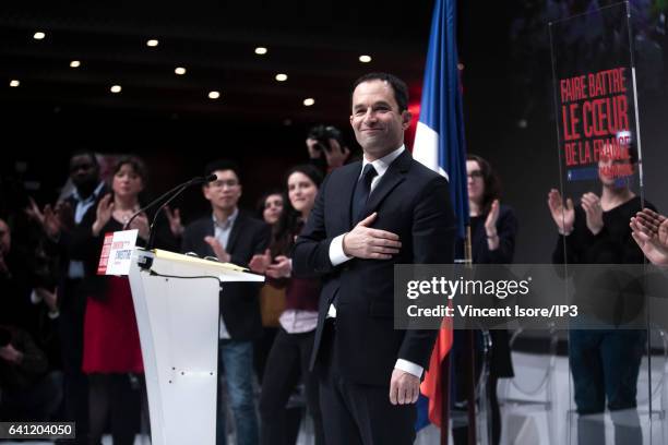 Candidate of the Socialist Party for the 2017 French Presidential Election Benoit Hamon delivers a speech during his National Investiture Convention...