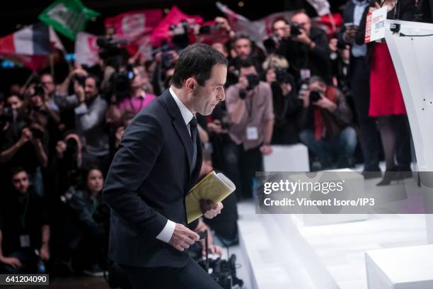 Candidate of the Socialist Party for the 2017 French Presidential Election Benoit Hamon delivers a speech during his National Investiture Convention...