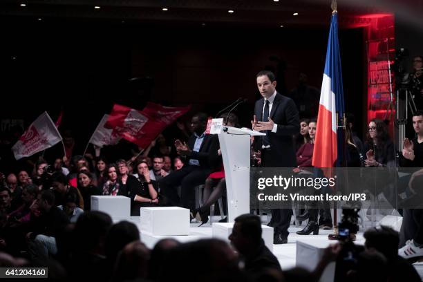 Candidate of the Socialist Party for the 2017 French Presidential Election Benoit Hamon delivers a speech during his National Investiture Convention...