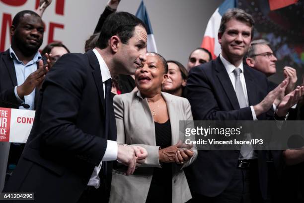 Candidate of the Socialist Party for the 2017 French Presidential Election Benoit Hamon is surrounded by his political supporters during his National...
