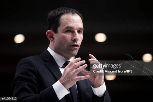 Candidate of the Socialist Party for the 2017 French Presidential Election Benoit Hamon delivers a speech during his National Investiture Convention...