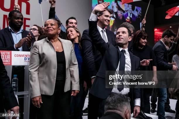 Candidate of the Socialist Party for the 2017 French Presidential Election Benoit Hamon is surrounded by his political supporters during his National...