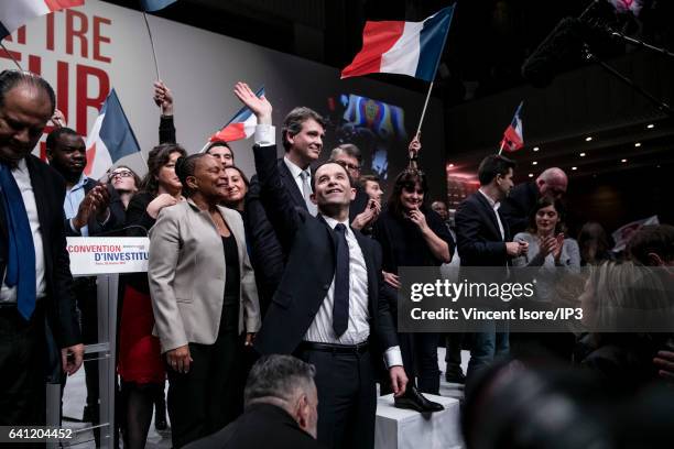 Candidate of the Socialist Party for the 2017 French Presidential Election Benoit Hamon is surrounded by his political supporters during his National...