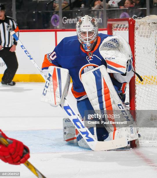 Goalie Jean-Francois Berube of the New York Islanders defends the goal in an NHL hockey game against the Carolina Hurricanes at Barclays Center on...