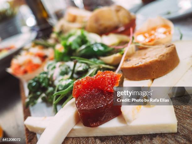 quince jam with cheese, pudding and green peppers - quince restaurant stock pictures, royalty-free photos & images