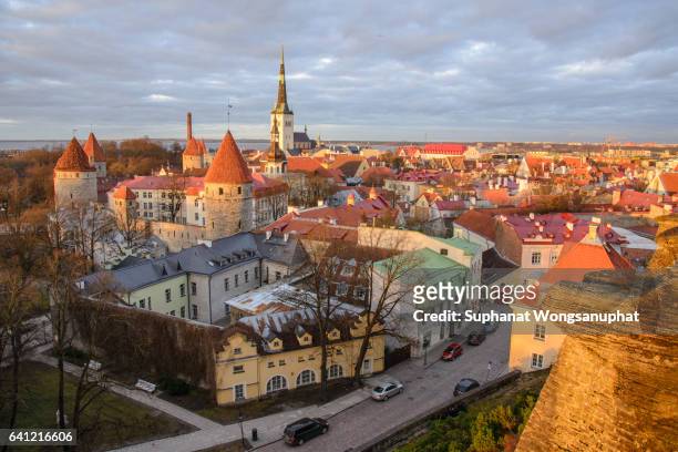 tallinn city from view point during sunset - tallinn stock pictures, royalty-free photos & images