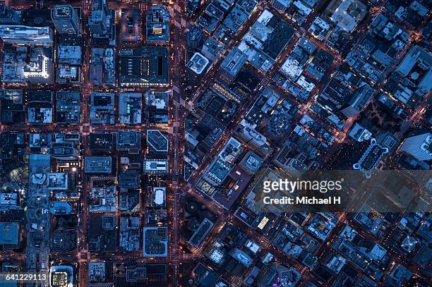 ariel view of san francisco, usa at night. - overhead view photos et images de collection