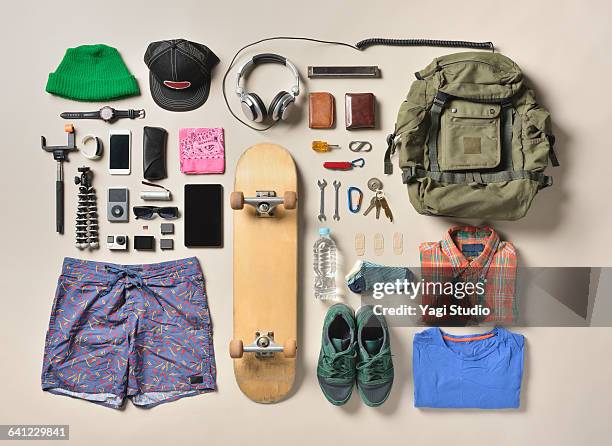 men's daily supplies shot knolling style. - camera bag stockfoto's en -beelden