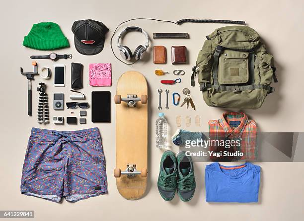 men's daily supplies shot knolling style. - menswear stock pictures, royalty-free photos & images