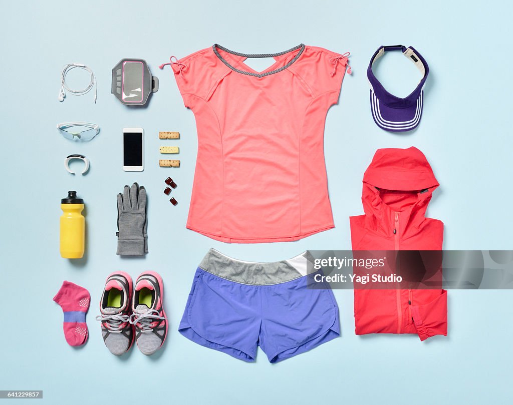 Women's Jogging supplies shot knolling style.