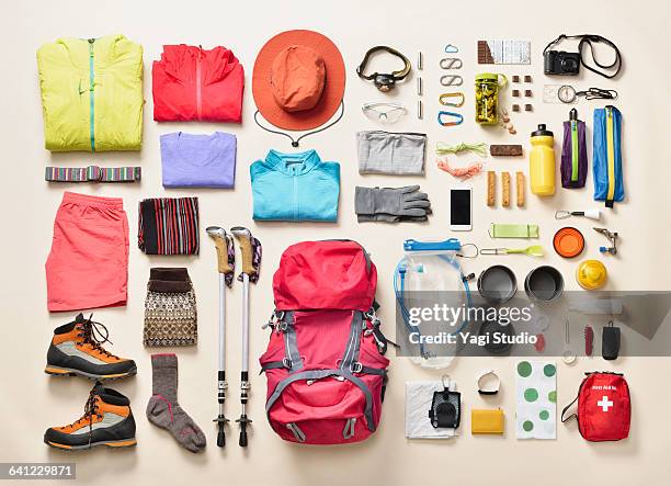 mountain climbing supplies shot knolling style - multi coloured shoe imagens e fotografias de stock