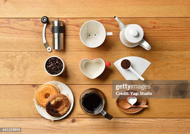 coffee supplies shot knolling style - teaspoon stock pictures, royalty-free photos & images
