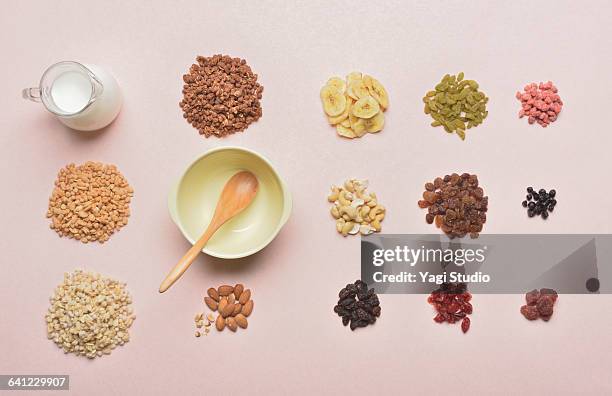 serial food and dry fruits knolling style. - dried fruit stock-fotos und bilder