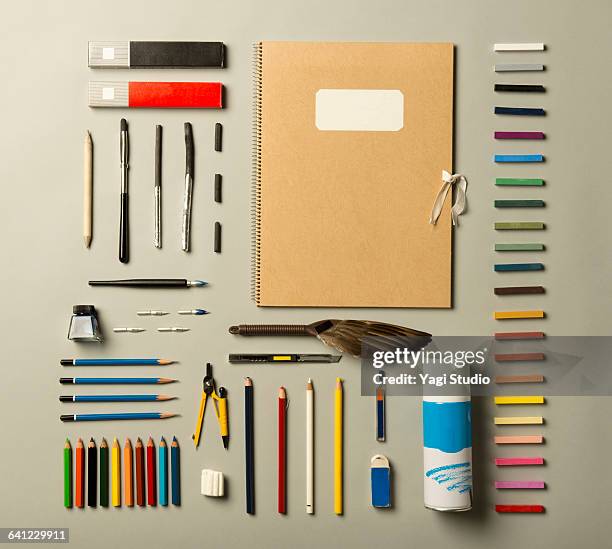 painting supplies shot knolling style. - craft supplies stock pictures, royalty-free photos & images