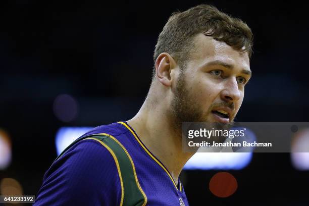 Donatas Motiejunas of the New Orleans Pelicans reacts during the first half of a game against the Phoenix Suns at the Smoothie King Center on...