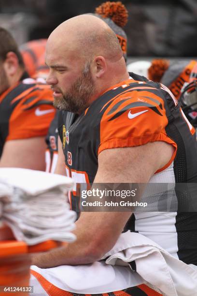 Andrew Whitworth of the Cincinnati Bengals enjoys a break on the bench during the game against the Pittsburgh Steelers at Paul Brown Stadium on...