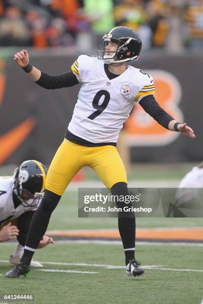 Chris Boswell of the Pittsburgh Steelers connects with the kick during the game against the Cincinnati Bengals at Paul Brown Stadium on December 18,...