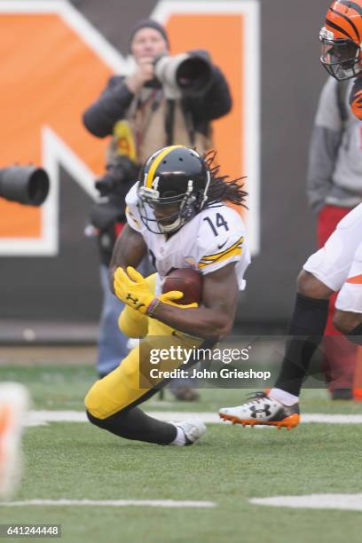 Sammie Coates of the Pittsburgh Steelers hauls in the pass during the game against the Cincinnati Bengals at Paul Brown Stadium on December 18, 2016...