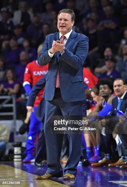 Head coach Bill Self of the Kansas Jayhawks calls out instructions against the Kansas State Wildcats during the second half on February 6, 2017 at...