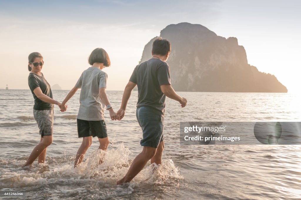 Happy family walking on the beach