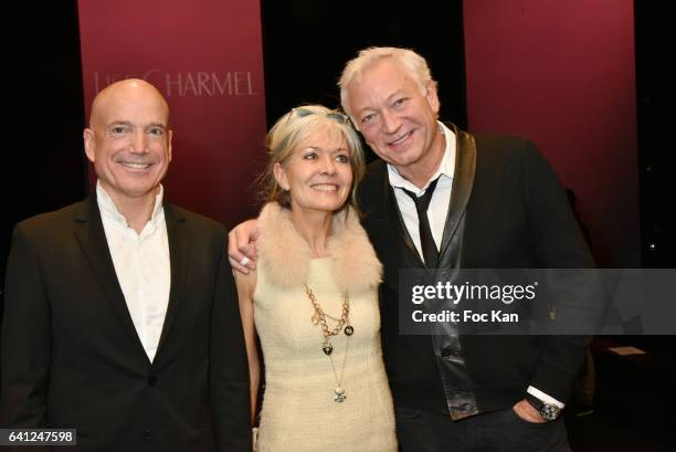 Presenter Louis Bodin, PR Sophie Grimaud and TV presenter Laurent Boyer attend the Lise Charmel Lingerie Show as part of Paris Fashion Week on...