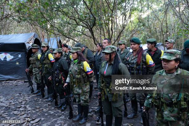 Guerrilla fighters seen during a line up inside a demobilization camp on January 18, 2017 in Vereda La Elvira, Colombia. FARC guerrillas spend their...