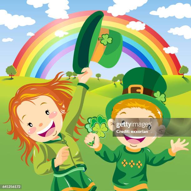st. patrick's day leprechaun kids - boy dancing stock illustrations