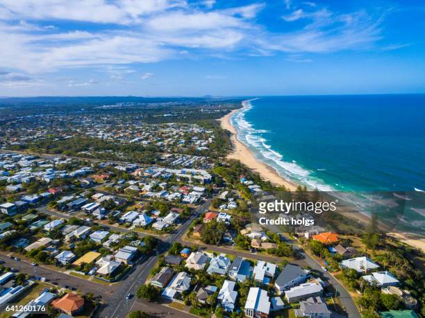 aerial view over dicky beach caloundra, sunshine coast, australia - queensland stock pictures, royalty-free photos & images