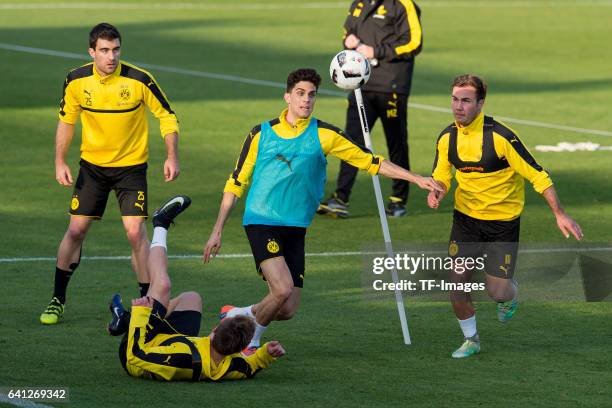 Felix Passlack of Dortmund , Marc Bartra of Dortmund and Mario Goetze of Dortmund battle for the ball during the fifth day of the training camp in...