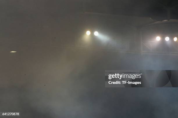 Smoke rises after bengalo / pyro / firework from fans of Stuttgart during the Second Bundesliga match between VfB Stuttgart and Fortuna Duesseldorf...