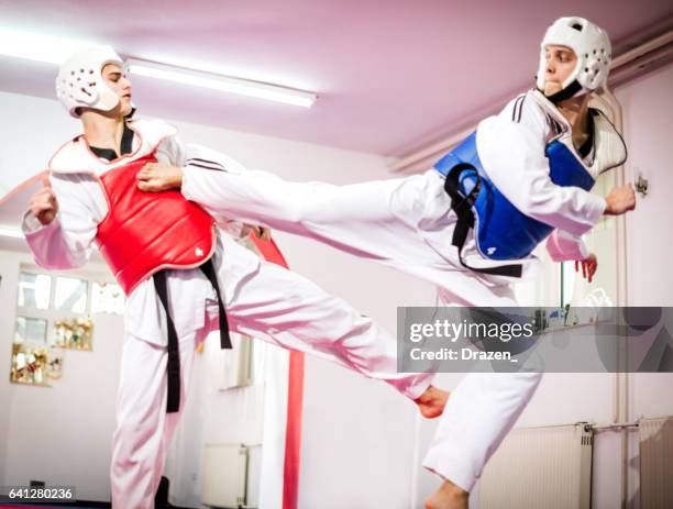 två taekwondo fighters tävla och träna höga sparkar med skyddsutrustning - pro challenge stage 2 bildbanksfoton och bilder