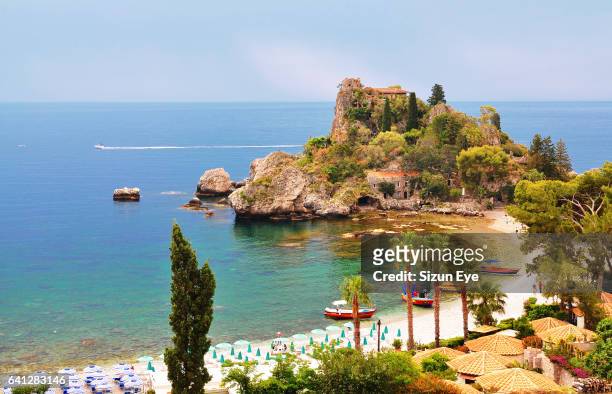 beautiful coast with isola bella in sicily, italy. - taormina stock pictures, royalty-free photos & images