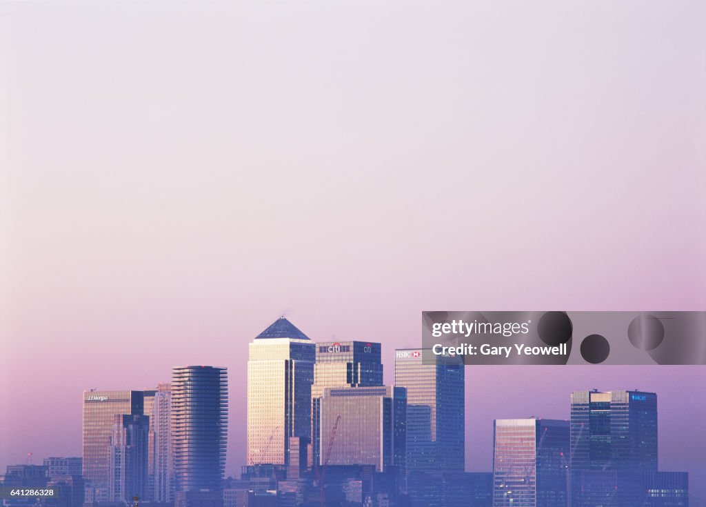 London Docklands skyline at sunset