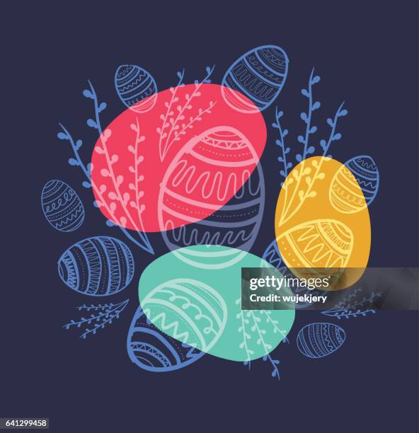 hand-drawn easter cards, doodle easter eggs and symbols. - pussy willow stock illustrations