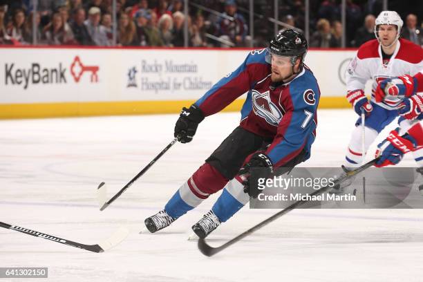 John Mitchell of the Colorado Avalanche skates against the Montreal Canadiens at the Pepsi Center on February 7, 2017 in Denver, Colorado. The...