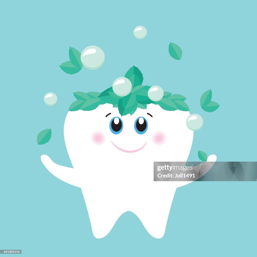 Cute tooth character catches mint leaves
