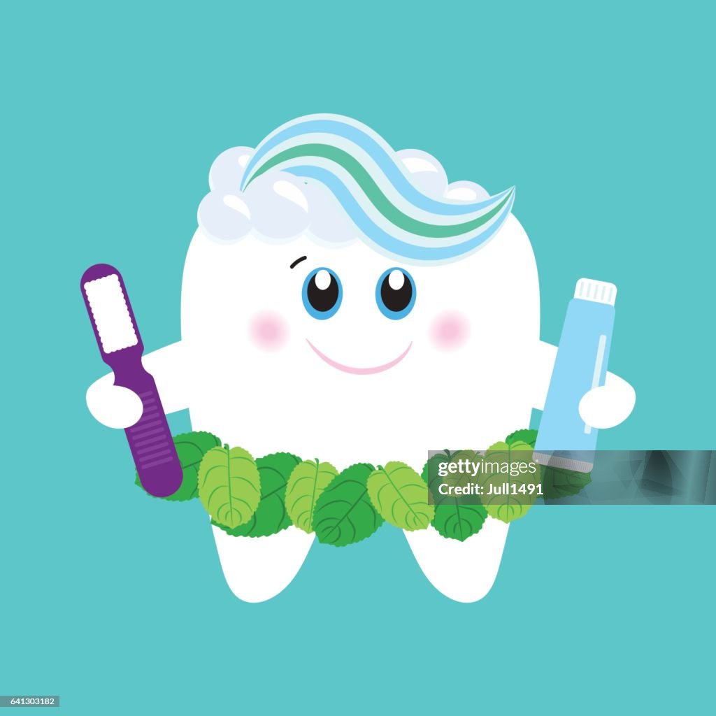 Cute tooth character with tooth brush and mint toothpaste.
